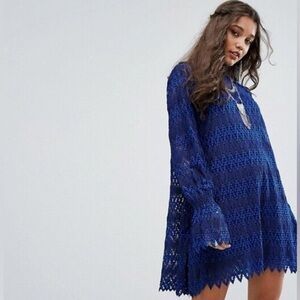 Free People Simone Blue Crochet Mini Dress With Lace Bell Sleeves Size Small